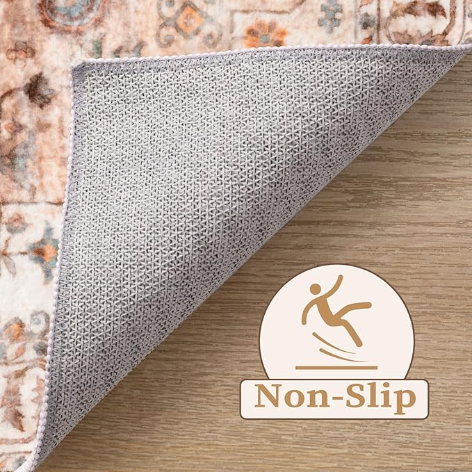 SERISSA Boho 8x10 Area Rugs Peach Cream, Washable Vintage Large Living Room Rug Non-Slip, Ultra Soft Oriental Print Distressed Farmhouse Carpet for Dining Room Bedroom Dorm Office Home Decor