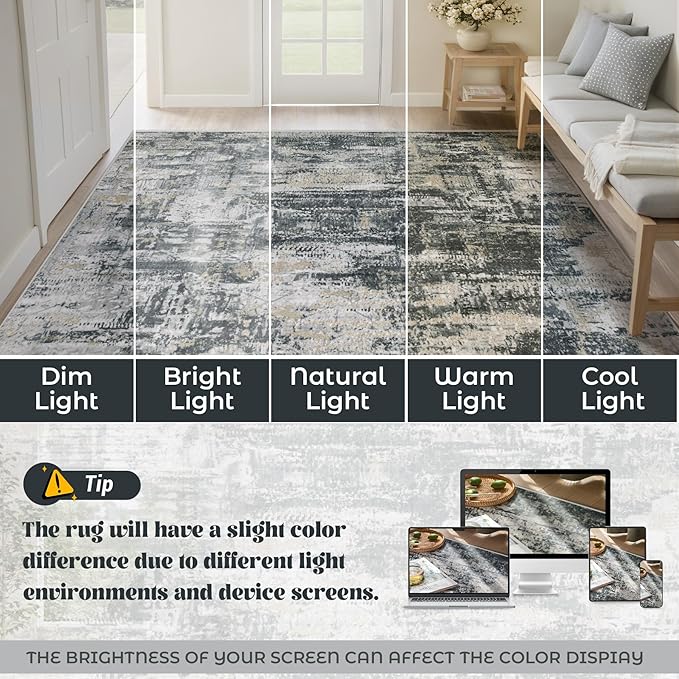 XLUEZ 6x9 Area Rugs for Living Room, Washable Modern Abstract Large Area Rug Neutral Soft Non Slip Kids Rug Stain Resistant Indoor Carpet for Bedroom Nursery Dining Room Playroom(BlackGreyGold,6'x9')