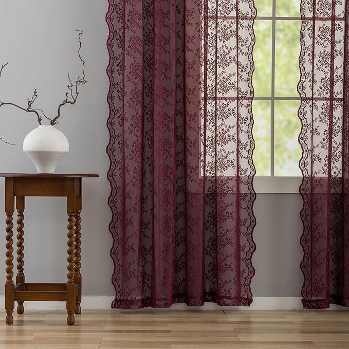 YJ YANJUN Vintage Lace Curtains 96 Inches Long-Victorian Floral Burgundy Xmas Curtain Panels for Living Room 2 Panels Privacy 8ft Holiday Christmas Seasonal Themed Winter Decor 52" W x 96" L Maroon