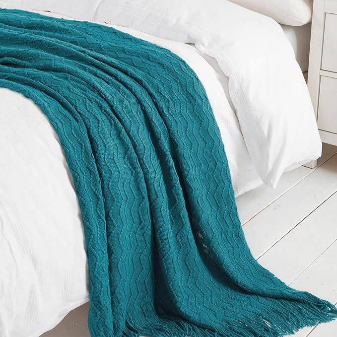 BOURINA Teal Throw Blanket 50 x90 Inches Throw Textured Solid Soft Sofa Throw Bed Runner Couch Cover Knitted Decorative Blanket Bed Runner