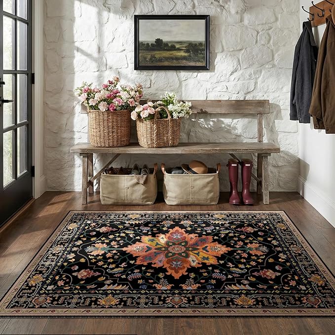 Area Rugs 4'x6' Washable Non-Slip, Floral Vintage Distress Print Pattern Medallion Carpet for Living Room Bedroom Dining Room, Black Colorful Floral Dark Tan