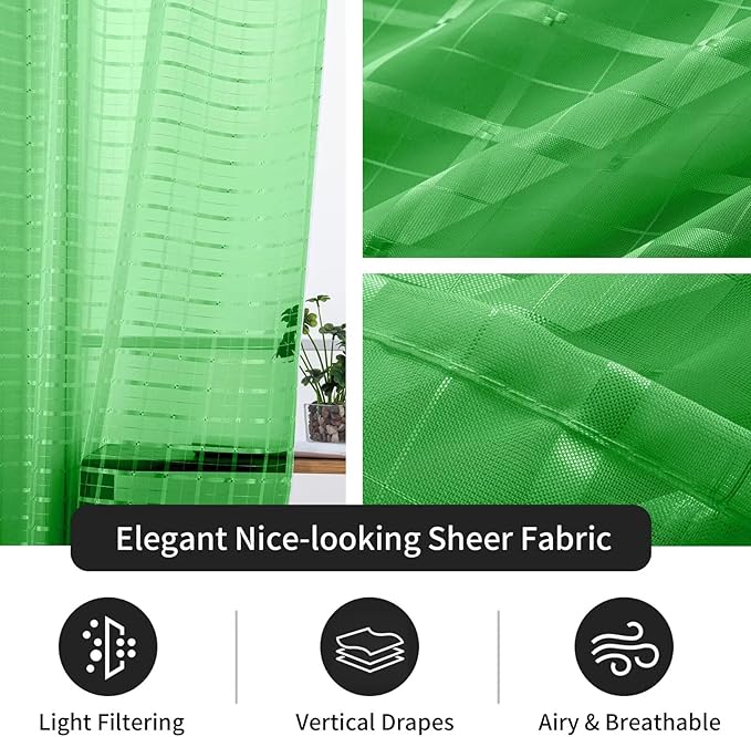 SpaceDresser Check Sheer Curtains 45 Inches 2 Panels Set, Rod Pocket Plaid Window Curtain for Living Room, Green Semi Sheer Drapes for Kitchen Bedroom Children Room Yard（Green, 52W x 45L）