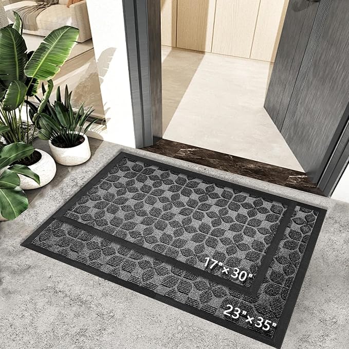 Bulijojo Sturdy Front Entrance Doormats,Durable Heavy Duty Welcome Mat,Thick Absorbent Natural Rubber Non Slip Mat,Easy Clean Entryway Mat 17"x30" Geometric Grey