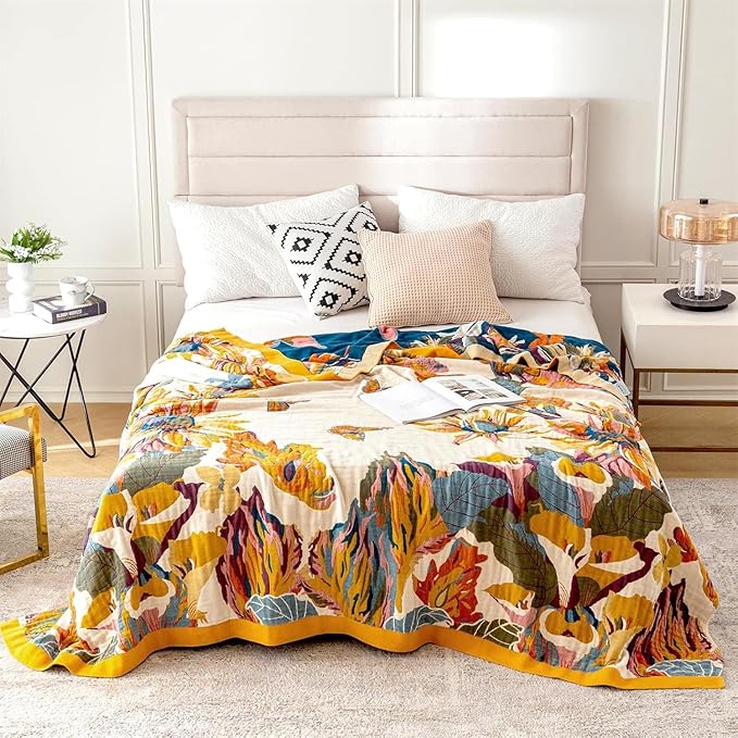 MSGKV Boho Throw Blanket King Size 108" x90'' Cotton Blanket for Bed Spring Decoractive Breathable Throw Blankets Quilt Living Room