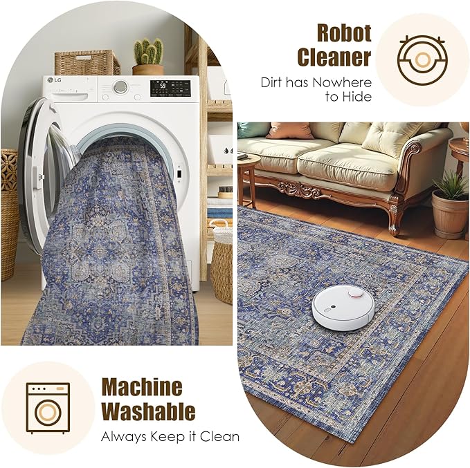 Washable Area Rug 8' x 10' Vintage Traditional Persian Mat - Foldable Distressed Non-Slip Machine Washable Carpet for Living Room Bedroom Kitchen Home Decor - Indigo and Gold