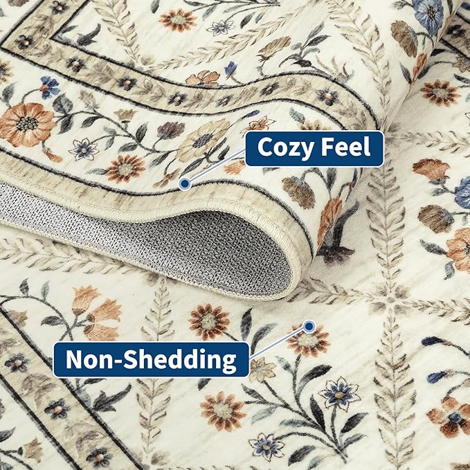 Washable Kitchen Runner 2x6 Non-Slip Floral Carpet Runner for Entryway Indoor Ultra Soft Stain Resistant Long Rugs Farmhouse Floor Mat for Hallways Laundry Bedroom Beige
