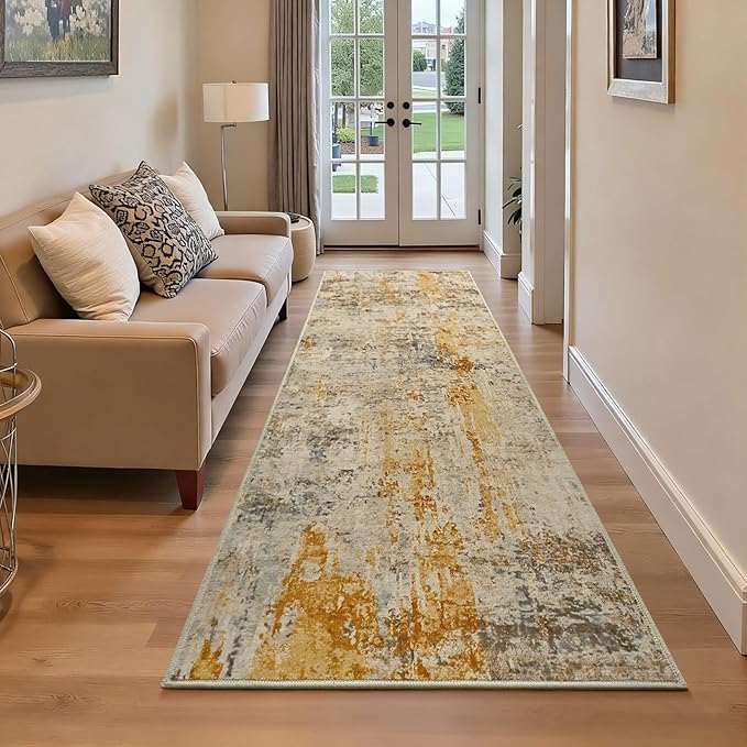 2x6 Beige Rug Runners for Hallways Kitchen Runner Rug Non Slip Washable Tan Long Runner Rugs with Rubber Backing Soft Abstract Carpet Runner for Bedroom, Kitchen, Bathroom, Entryway