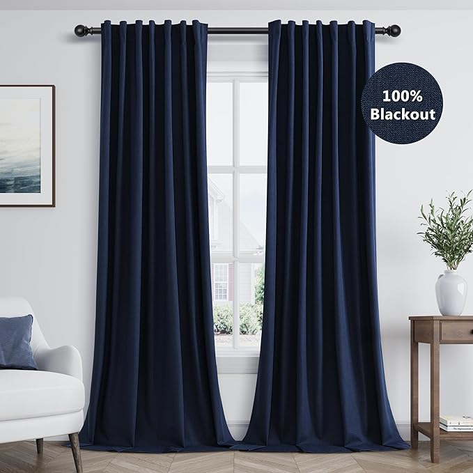 Guken Navy Blue 100% Blackout Curtains 108 Inch Length 2 Panels Set for Living Room Bedroom Back Tab Thermal Insulated Black Out Linen Drapes Room Darkening Window Curtains 108 Inches Long