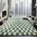 Large Area Rugs for Living Room Bedroom,9x12 Green and White Fluffy Soft Checkered Rug Fuzzy Shag Shaggy Carpet, Indoor Plush Floor Rugs for Kids Boys Girls Teen Dorm Nursery Home Decor