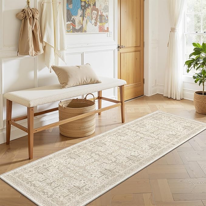 Washable 2x8 Runner Rug - Non Slip Vintage Kitchen Runner Rugs Low-Pile Distressed Long Rugs for Hallway Waterproof Indoor Carpet for Living Room Bedroom Entryway 2'x8' Beige