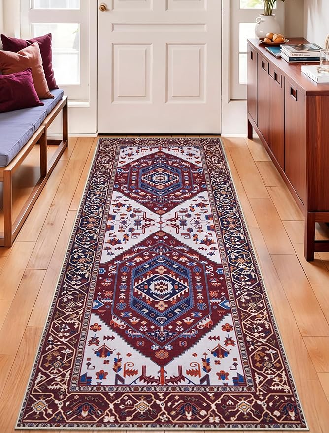 SERISSA Boho Washable Runner Rug, 2x5 Rug Runner Non-Slip Vintage Burgundy Navy Hallway Kitchen Runner Rug Ultra Soft Print Distressed Floor Carpet Runner for Bedroom Bathroom Laundry Living Room
