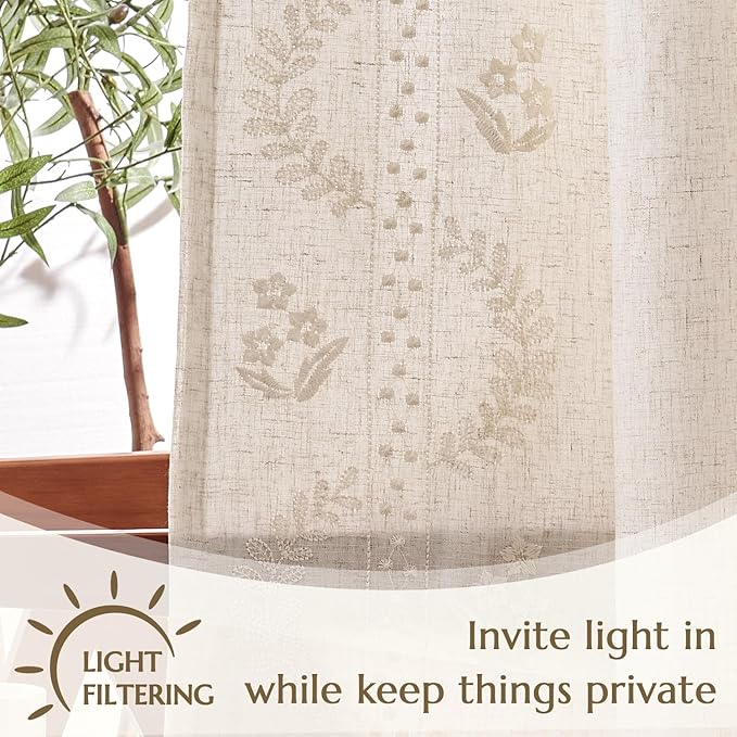 jinchan Belrose Lined Linen Blend Curtains Boho Floral Curtains for Bedroom 96 Inch Length Ivory Embroidered Drapes Rod Pocket Farmhouse Flower Drapes for Living Room Window Treatments Set 2 Panels