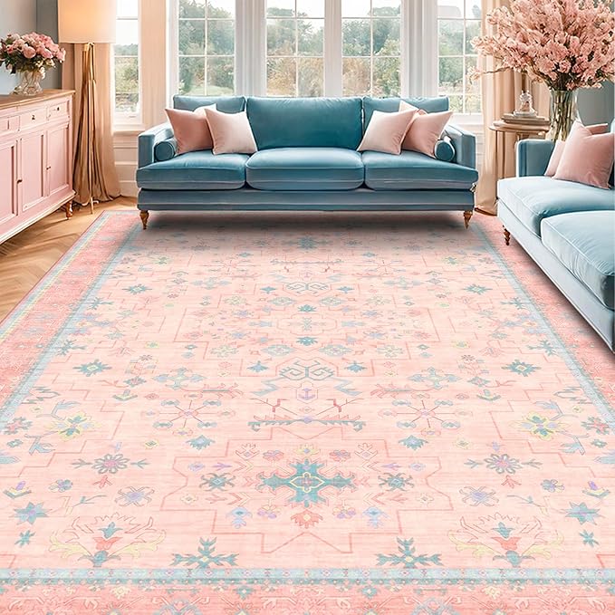 Washable Pink and Blue 7x9 Boho Rugs for Bedroom Girls, Living Room Kids Playroom Nursery Room, Modern Floral Distressed Design, Soft Low Pile Non Slip Stain Resistance Carpet