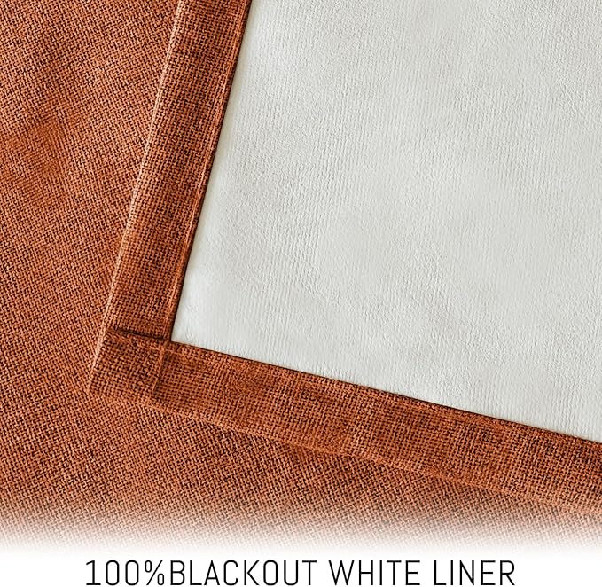 Yakamok Burnt Orange Linen Curtains 100% Blackout 63 Inches Long,Room Darkening Textured Curtains for Living Room Thermal Grommet Bedroom Curtains 2 Panels with White Liner