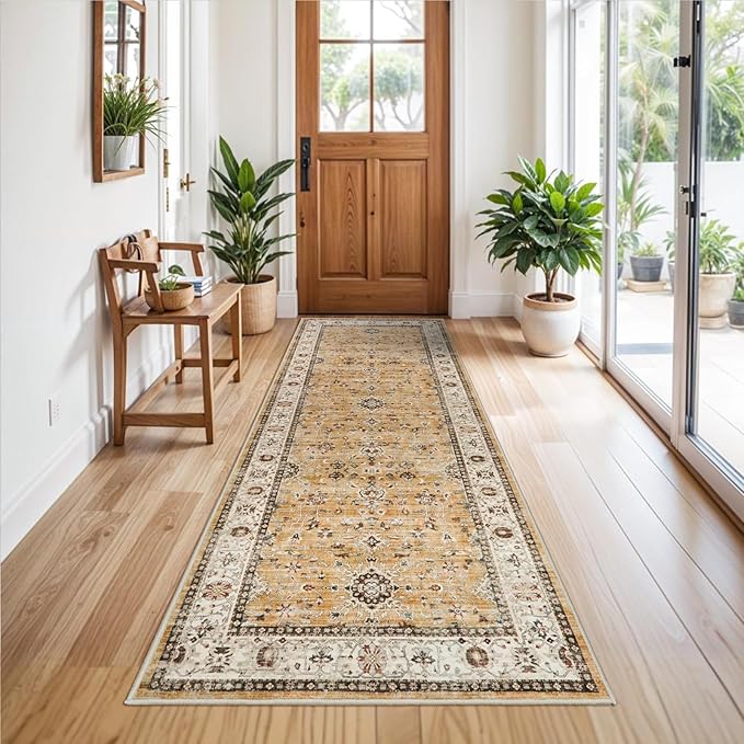 Washable Runner Rug 3x8 - Hallway Runner Rug Kitchen Rugs and Mats Non Skid Washable Waterproof Carpet Runner for Living Room Bedroom Bathroom (Gold, 3X8)