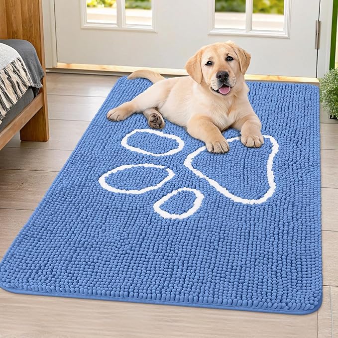 Smiry Dog Door Mat for Muddy Paws, Absorbent Dirt Trapper Non Slip Quick Dry Washable Chenille Mat for Mud Dogs, Entry Rug for Indoor and Outdoor (40x32 Inches, Cornflower Blue and White)