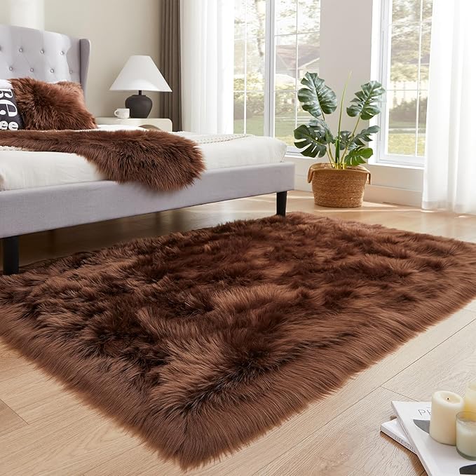 EasyJoy Ultra Soft Fluffy Shaggy Area Rug Faux Fur Rug Chair Cover Seat Pad Fuzzy Area Rug for Bedroom Floor Sofa Living Room (4 x 6 ft Rectangle, Coffee)