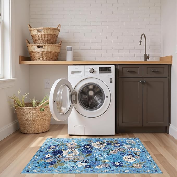 2x5 Entryway Runner Rugs, Non Slip Washable Rugs with Rubber Backing Soft Floral Carpet Runner for Kitchen, Laundry, Bedroom, Bathroom(2 x 5, Blue Garden)