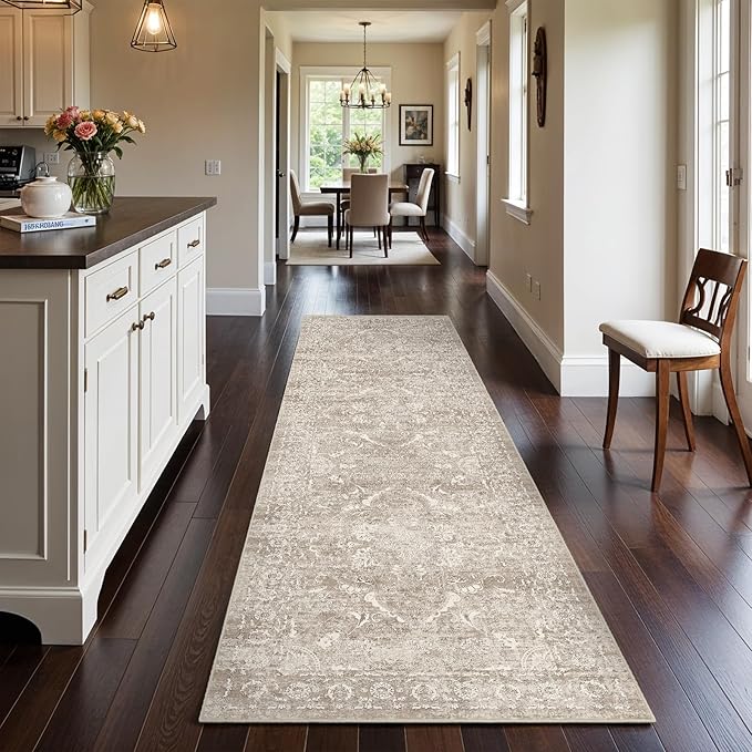 Hallway 3x10 Runner Rug - Vintage Non-Slip Long Rug for Entryway Low-Pile Washable Medallion Runner Rugs Waterproof Traditional Runner Rug Indoor Thin Rug for Kitchen (Distressed Beige & Ivory)