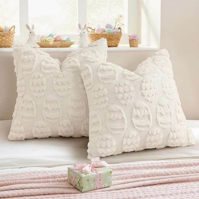 decorUhome Easter Cream White Egg Pillow Covers 16x16 Inch Set of 2, Soft Plush Faux Wool Jacquard Cushion Covers, Farmhouse Neutral Fuzzy Spring Easter Holiday Decor for Couch Sofa Bed