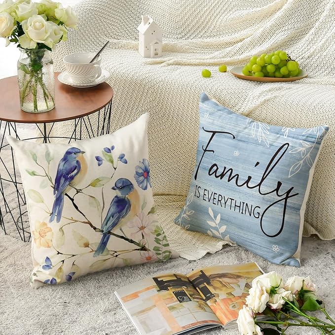 AVOIN colorlife Spring Saying Flowers Butterfly Bird Throw Pillow Covers, 16 x 16 Inch Home Sweet Home Blue Cushion Case for Sofa Couch Set of 4