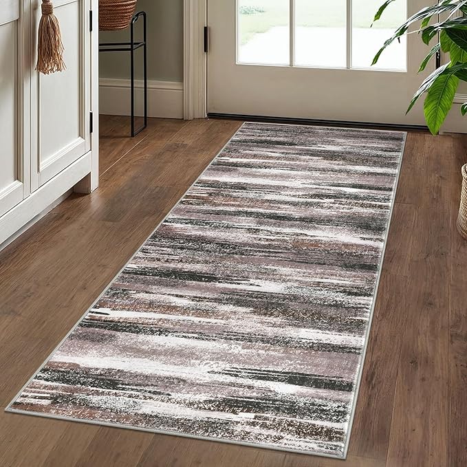 Lansny Modern Abstract Runner Rug 2x5, Dark Light Brown White Washable Kitchen Runner Entryway Rug Mat Non-Slip Soft Hallway Rug Runner Thin Print Faux Wool Carpet for Bedroom Laundry Room Indoor