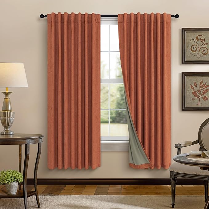Pitalk Terracotta Blackout Curtains for Nursery 63 Inch Length 2 Panel Autumn Fall Decoration Linen Boho Western Curtain for Bedroom Window Room Darkening Rust Curtains for Living Room Dining MCM