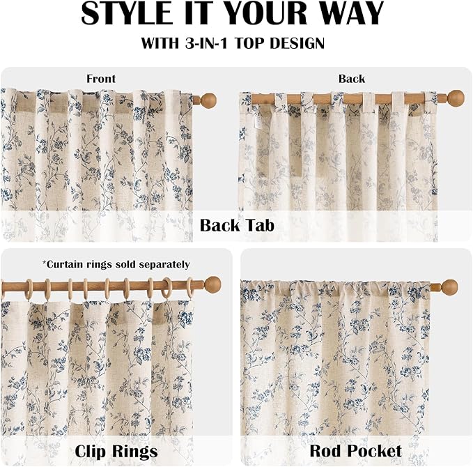 Lazzzy Floral Linen Curtains Farmhouse Extra Long Curtain for Living Room Bedroom Light Filtering Vintage Rod Pocket Back Tab Drapes for Home, 2 Panels, Blue on Beige, W38 X L108