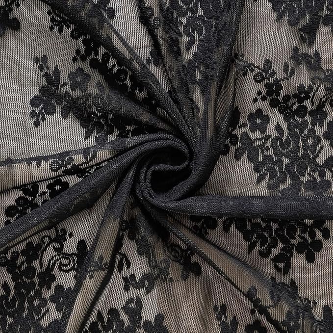 YJ YANJUN Vintage Lace Curtains 54 inch Length Victorian Floral Pattern Goth Halloween Short Black Sheer Curtain Panels for Bathroom Kitchen Window Coffin/Witchy/Gothic Home Decor W52 x L54 Inch