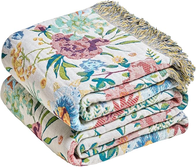 MSGKV Boho Throw Blanket 50"x60" Couch Floral 100% Cotton Blanket Spring Breathable Lightweight Farmhouse Blankets for Sofa Home Decor Muslin Guaze All Seasons