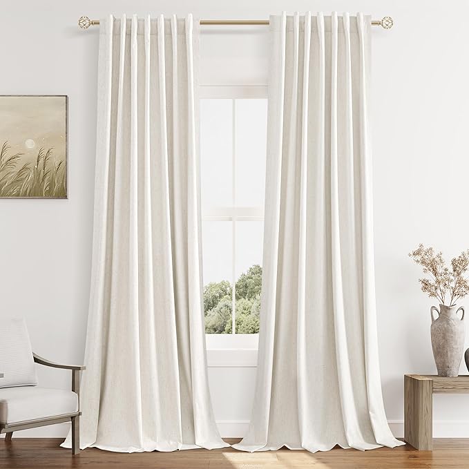 Beige White 100% Blackout Linen Curtains 100 Inch Length 2 Panels Set for Living Room Bedroom Back Tab Thermal Insulated Black Out Drapes Room Darkening Farmhouse Style for Bedroom Window Curtains