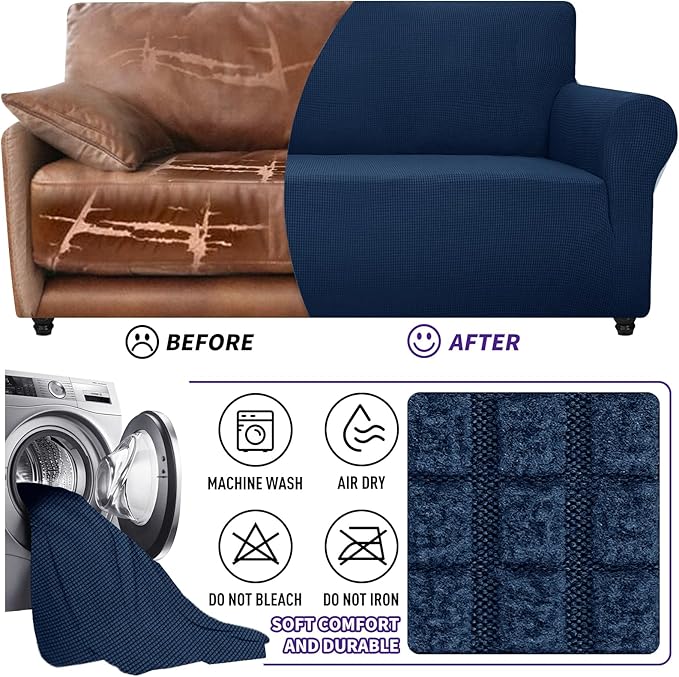 ZNSAYOTX Super Stretch Couch Cover (72"-92") Universal Sofa Covers with Elastic Bottom, Dog Cat Pets Friendly Washable Furniture Protector Fitted Sofa Slipcovers Stay in Place (Navy Blue, Sofa)