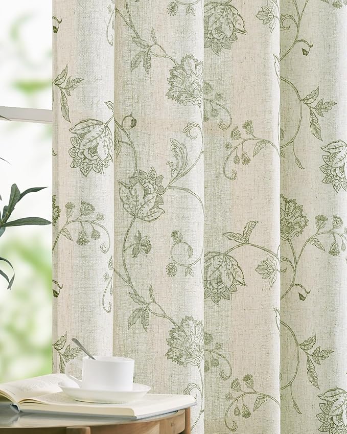 jinchan Linen Curtains Floral Curtain 84 Inch Length for Living Room Bedroom Light Filtering Rod Pocket Back Tab Jacobean Curtains Flax Linen Texture Window Drapes Set 2 Panels Green on Linen
