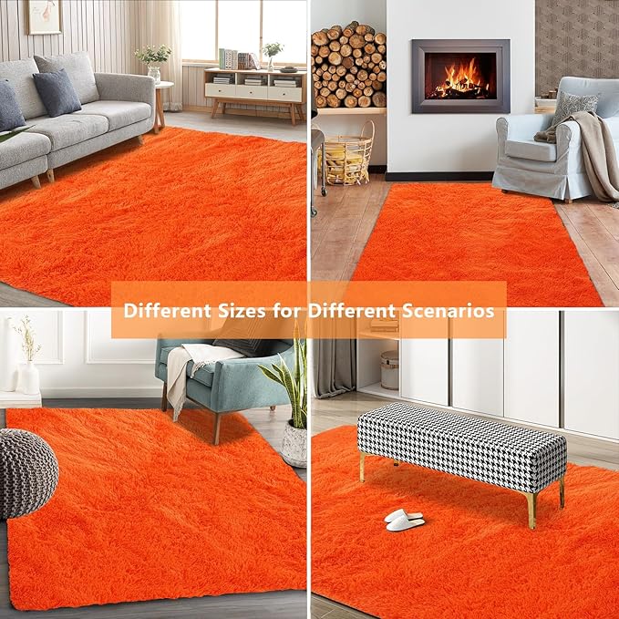Orange Shag Area Rugs for Bedroom Living Room,8X10 Ultra Soft Fluffy Area Rugs for Dorm,Indoor Carpet Nursery Rugs for Kids Girls Room Home Halloween Decor
