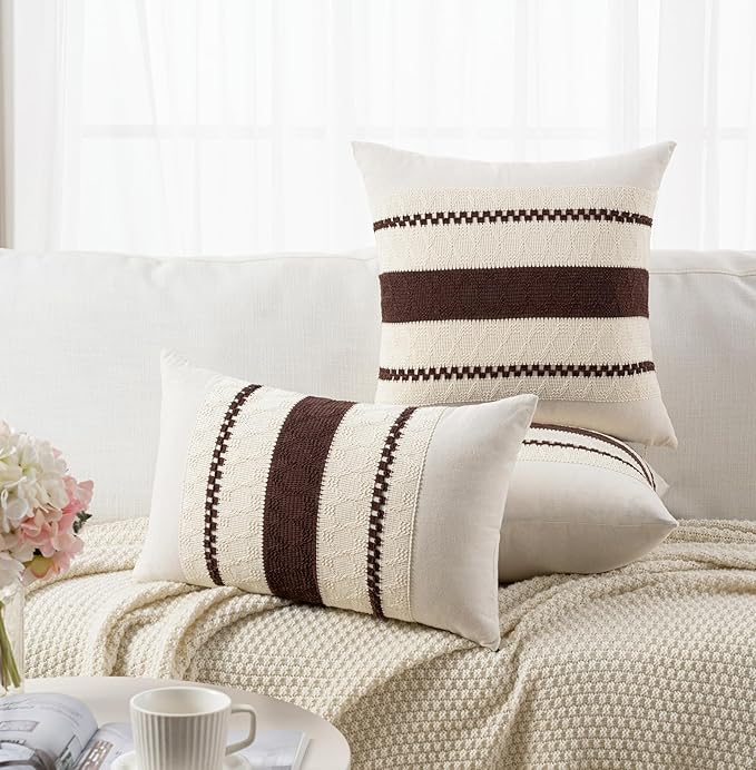 Fancy Homi Set of 1 Boho Brown Decorative Throw Pillow Cover 22x22 Inch for Couch Bed Sofa, Aesthetic Modern Organic Farmhouse Home Decor, Soft Cotton Cute Accent Macrame Woven Cushion Case