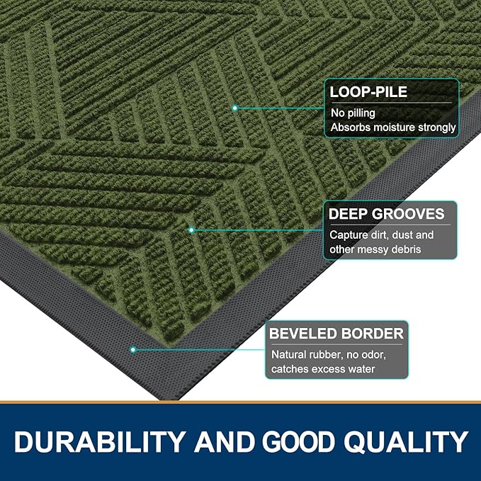 Smiry Front Door Mat Outside Entrance, Heavy Duty Sturdy Natural Rubber Doormat, Trap Dirt and Moisture, Easy Clean Low Profile Mats for Indoor Outdoor Entry, Irregular Triangle (29.5x17, FST-Green)