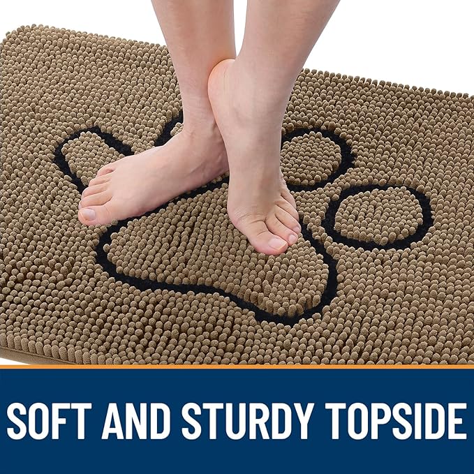 OLANLY Dog Door Mat for Muddy Paws 40x32, Paw Print Design, Absorbs Moisture and Dirt, Absorbent Non-Slip Washable Doormat, Quick Dry Chenille Mud Mat for Dogs, Entry Indoor Entryway Carpet, Tan