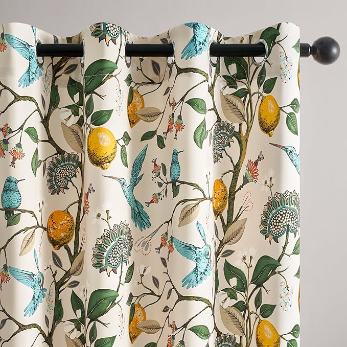 Topfinel Vintage Floral Curtains 72 Inches Long Boho French Country Grommet Botanical Hummingbird Woodland Patterned Lemon Drapes for Bedroom Dining Living Room