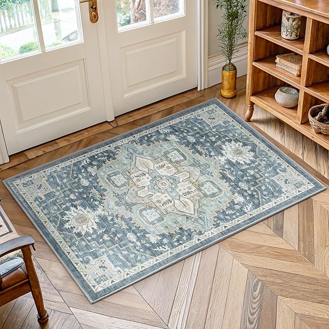 AMADA HOMEFURNISHING 2x4 Washable Area Rug, Low-Profile Entryway Rug with Non-Slip Backing & Durable Edge Binding, Vintage Rug Pattern, Small Rugs for Entryway, Kitchen & Living Room