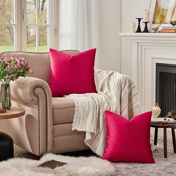 GIGIZAZA Red Velvet Decorative Throw Pillow Covers 18x18 for Sofa Bed 2 Pack Soft Cushion Covers