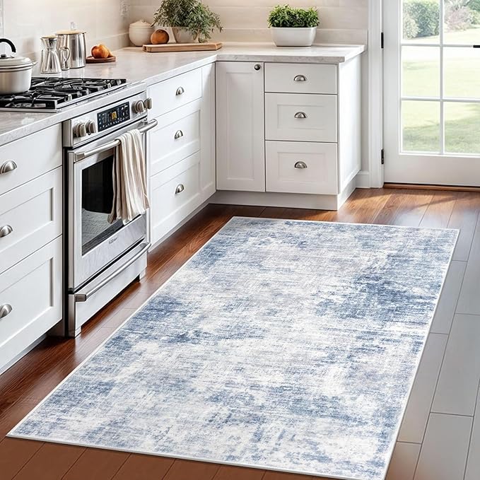 IOHOUZE Abstract Area Rug 4x6 Ft Washable Rugs for Entryway Indoor, Non Slip Small Living Room Rugs Printed Faux Wool Throw Rug, Floor Carpet for Kitchen Nursery Playroom, Light Blue Grey