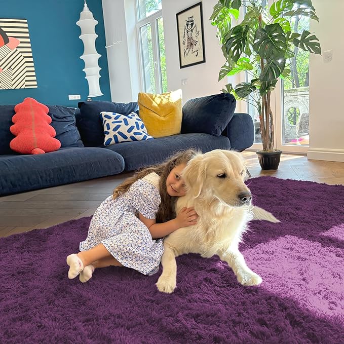 OLANLY 3x5 Machine Washable Small Bedside Rug, Soft Fluffy Shaggy Rugs for Living Room, Bedroom, Indoor Floor Carpet for Kids Girls and Boys, Preppy Dorms, Nursery, Home Decor Aesthetic, Dark Purple