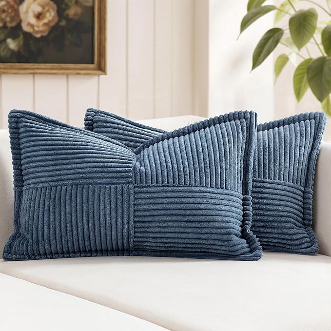 MIULEE Decorative Lumbar Throw Pillow Covers for Couch Bed Livingroom 14x24 Inch Set of 2 Blue Boho Accent Throw Pllows Broadside Striped Patchwork Soft Corduroy Summer Coastal Pillowcases