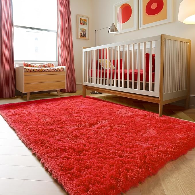 ONASAR Red Rugs for Living Room Bedroom, 5x8 Fluffy Bedside Area Rug, Soft Plush Shaggy Indoor Floor Carpet for Nursery Kids Girls Boys Teen Dorm Home Office Decor Aesthetic