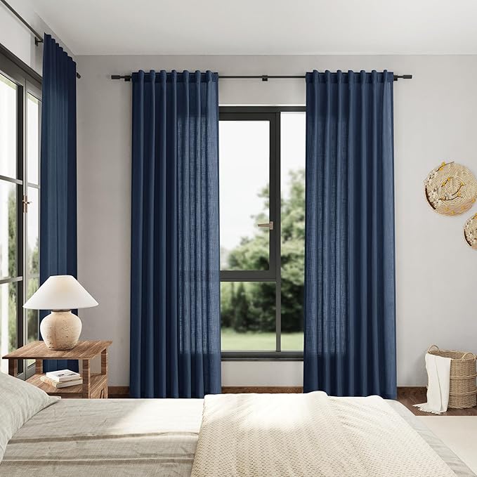 Denim Blue Linen Curtains 84 Inch Length 2 Panels Set for Living Room Rod Pocket Back Tab Light Filtering Window Drapes for Bedroom Dining Room Protect Privacy Country Farmhouse Decor 52x84