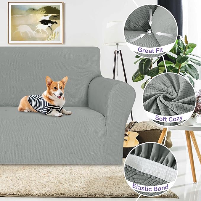 ZNSAYOTX Chair Cover with Arms (30"-47"), New Striped Sofa Chair Covers for Living Room, Dogs Pet Friendly Anti-Slip Chair Protector Spandex Armchair Slipcovers (Light Grey, Chair)