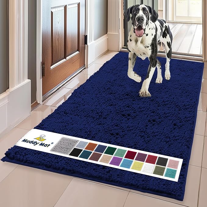 Muddy Mat® | Super Absorbent Door Mat Indoor, Microfiber Quick Dry Chenille Entryway Rug, Non-Slip Front Door Mat, Indoor Mats for Entryway, Machine Washable Pet Rug, Navy Blue 24"x72"