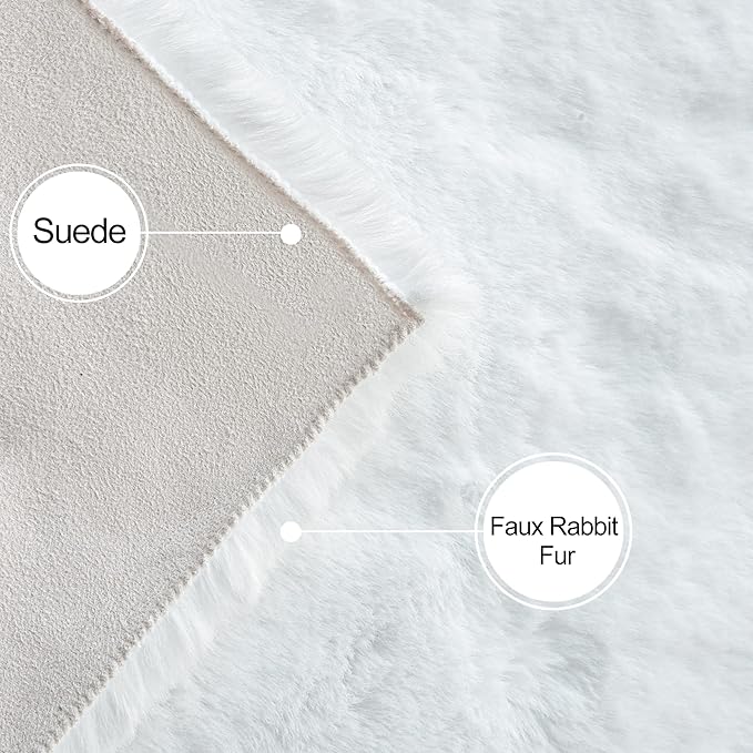 ORINOVA White Fluffy Round Rug 5ft for Bedroom Circle Faux Rabbit Washable Fur Area Rugs for Living Room Nursery Rug