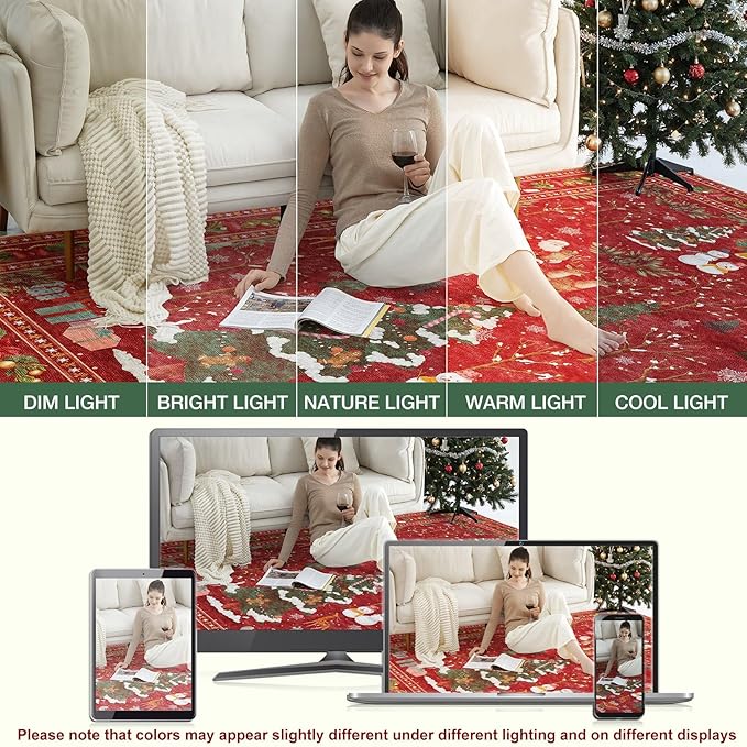 UERMEI Christmas Area Rug Living Room Rugs: 5x7 Neutral Modern Washable Festive Soft Thin Non-Slip Indoor Carpet for Bedroom Dining Table and Home Office Holiday Decor - Red
