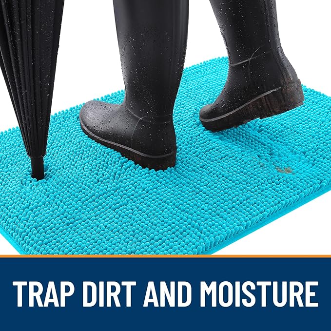 OLANLY Dog Door Mat for Muddy Paws 48x30, Absorbs Moisture and Dirt, Absorbent Non-Slip Washable Doormat, Quick Dry Chenille Mud Mat for Dogs, Entry Indoor Entryway Carpet for Inside Floor, Aqua Blue